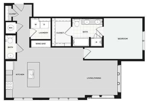 Floor plan for 1 bed, 1.5 baths, 1037 sqft